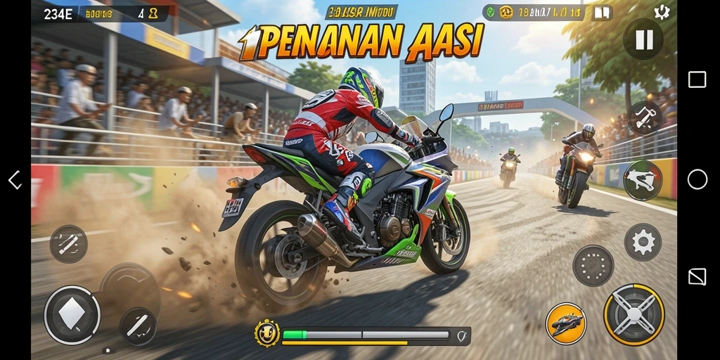 Screenshot gameplay 234E menampilkan aksi balapan motor yang mendebarkan.