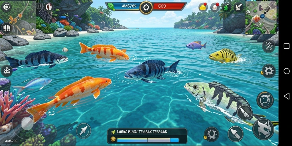 Tampilan gameplay seru di AMS789 dengan ikan berwarna-warni.
