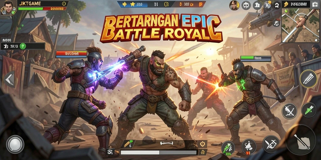 Screenshot gameplay JKTGAME menampilkan aksi bertempur intens dalam Battle Royale.