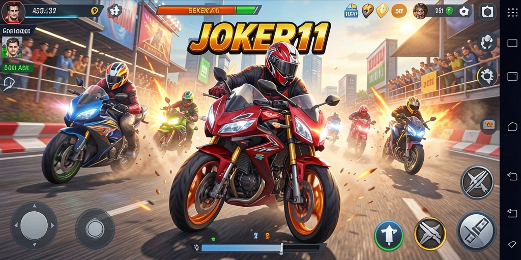 Tangkapan layar gameplay <strong>JOKER11</strong> menampilkan aksi balapan motor yang intens.
