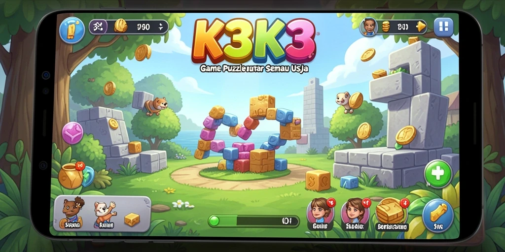 Screenshot gameplay K3K3 menampilkan level puzzle yang menantang dan warna-warni.