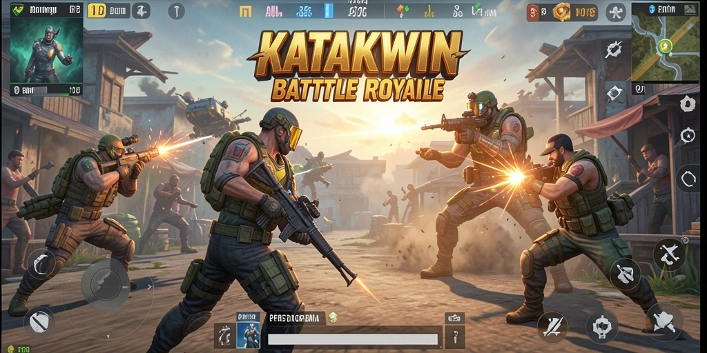 Screenshot gameplay <strong>KATAKWIN</strong> menampilkan aksi seru di arena Battle Royale.