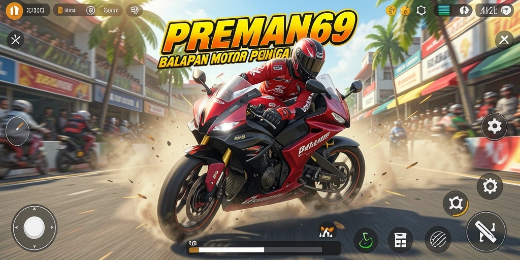 Gameplay seru di balapan motor PREMAN69 dengan trek menantang.