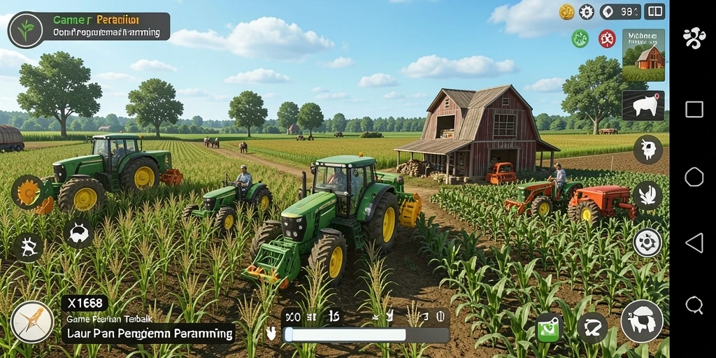 Tangkapan layar gameplay X168 yang menunjukkan pertanian yang indah dan interaktif.